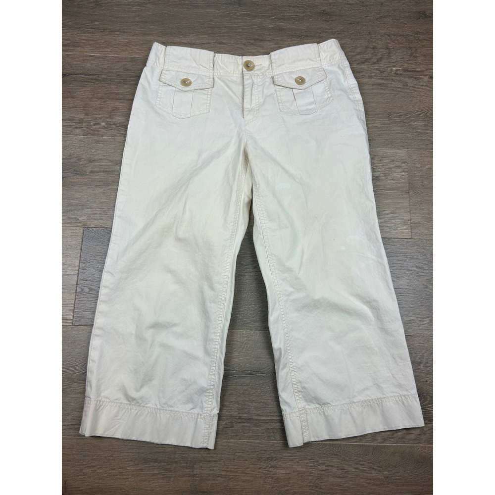 Banana Republic Womens 10 Cream Cotton Wide Leg Cropped Utility Pants Off White